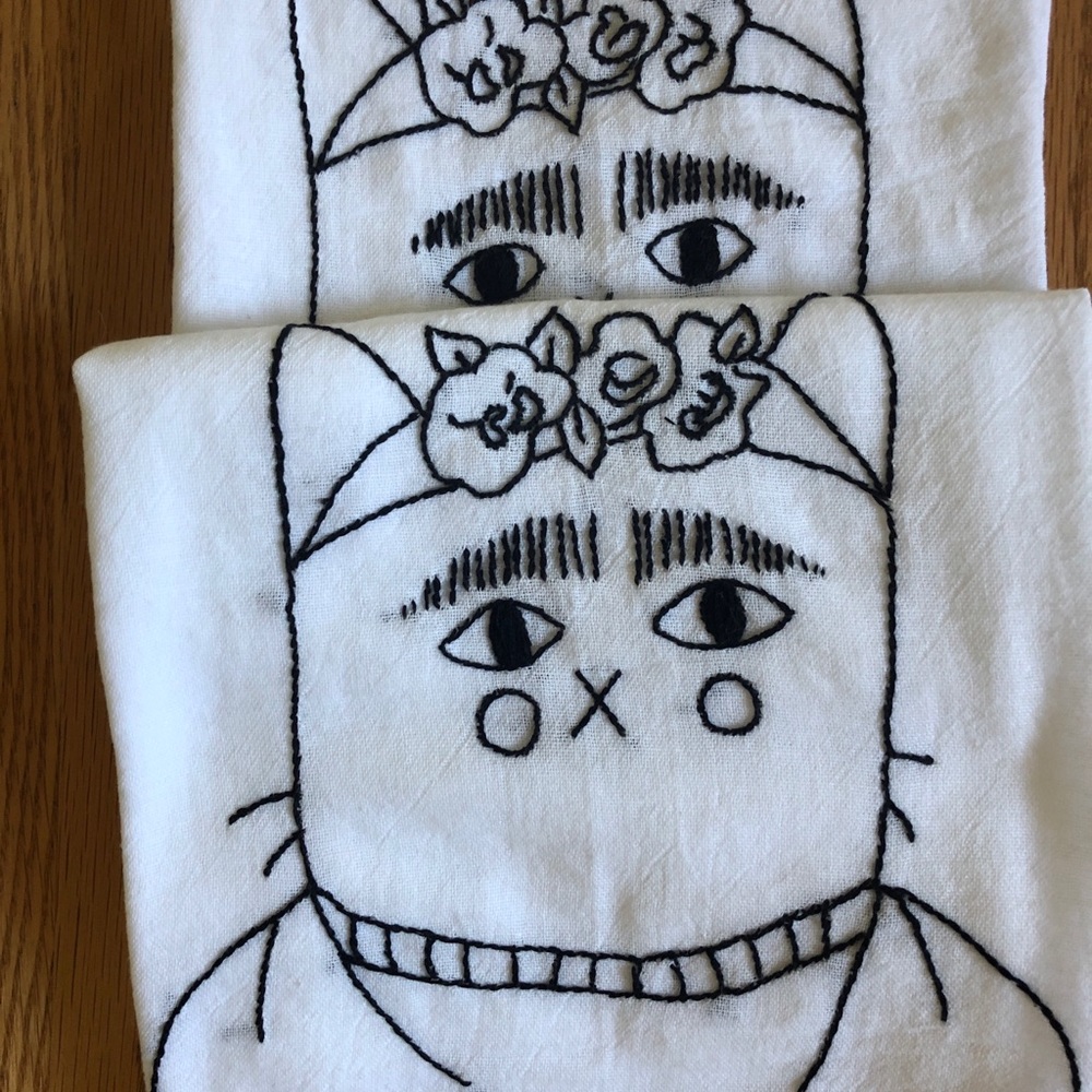 Two Hand Embroidered Frida “Catlo” Dish Towels